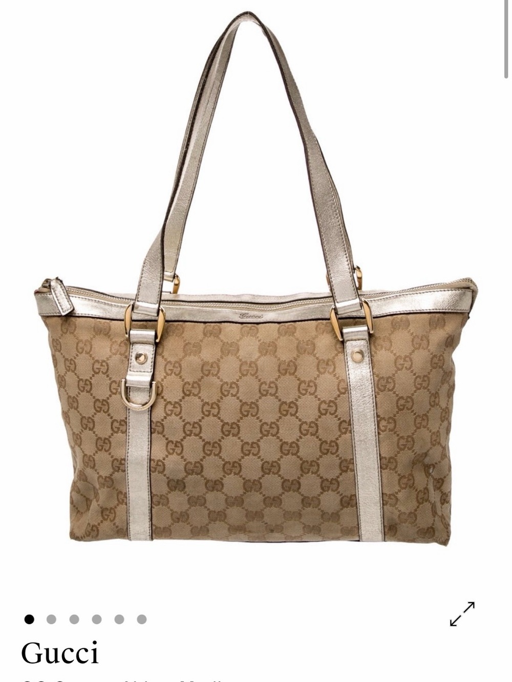 Authentic Gucci Abbey Medium Tote Beige GG Canvas with Metallic Trim